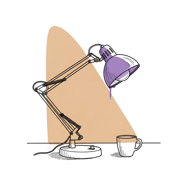 Illustration au trait : une lampe de bureau articulée éclairant un mug, abat-jour dégradé indigo-violet