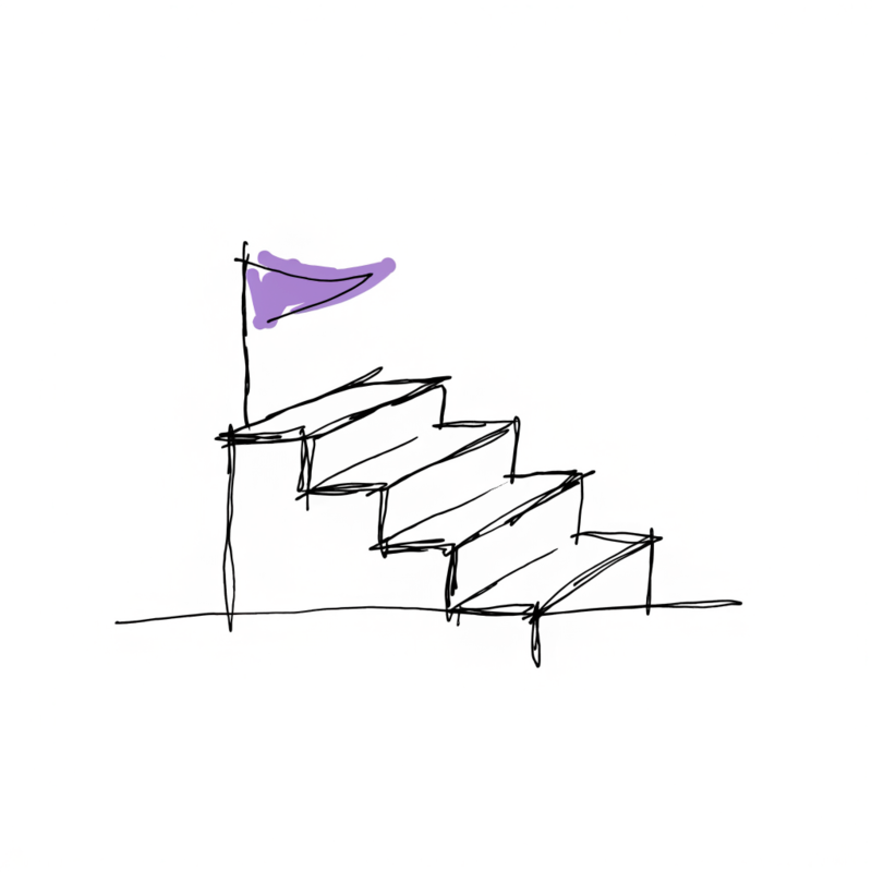 Ink illustration: a four-step staircase with a violet pennant planted on top
