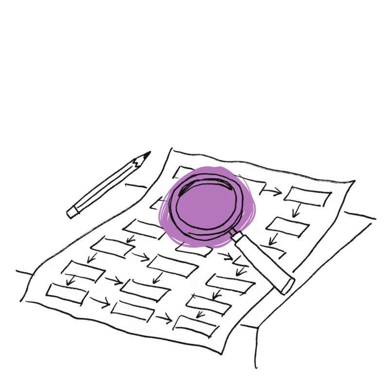 Illustration au trait : une loupe au verre violet posée sur un organigramme de processus, un crayon à côté