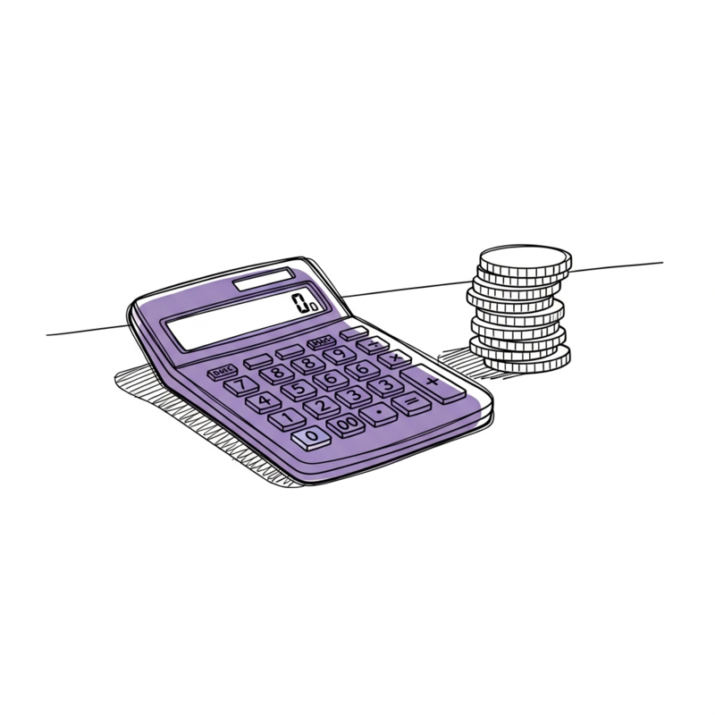 Illustration : une calculatrice et une pile de pièces sur un bureau