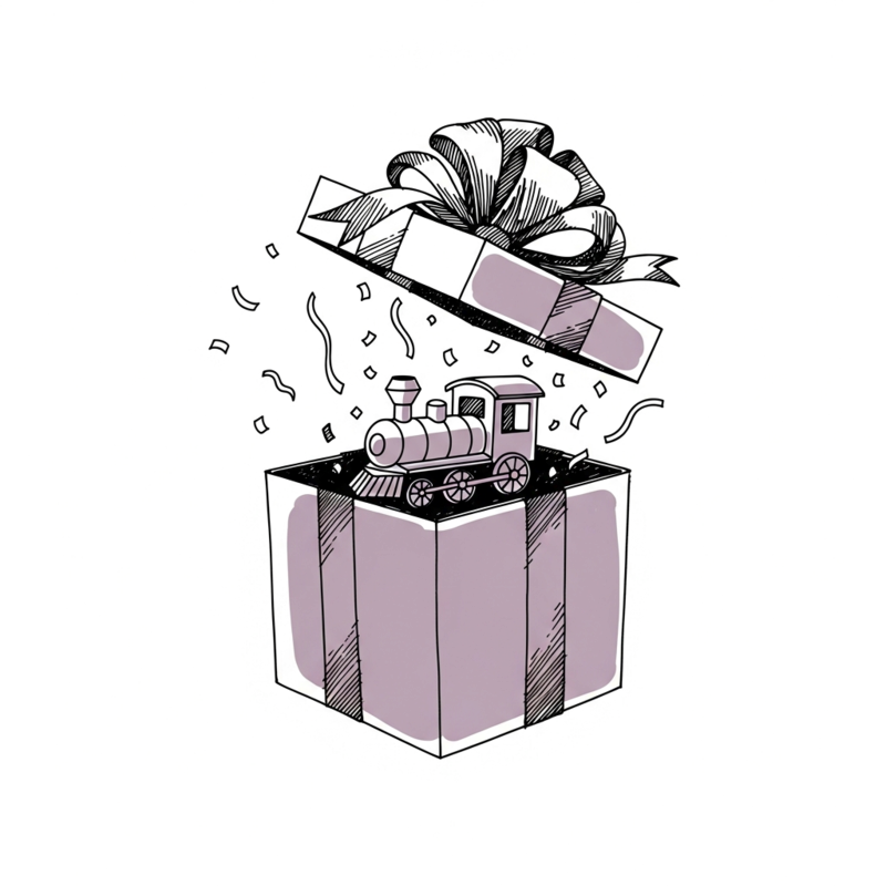 Illustration : une boîte cadeau ouverte d'où sort un petit train, confettis