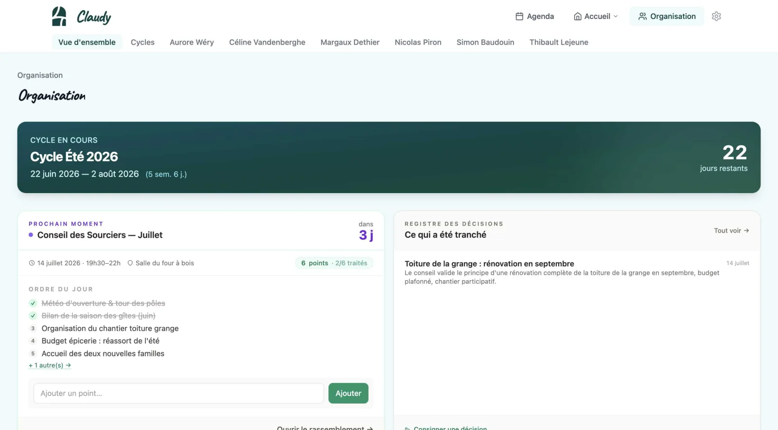 Vue d'ensemble de l'organisation : cycle en cours, prochain moment, registre des décisions
