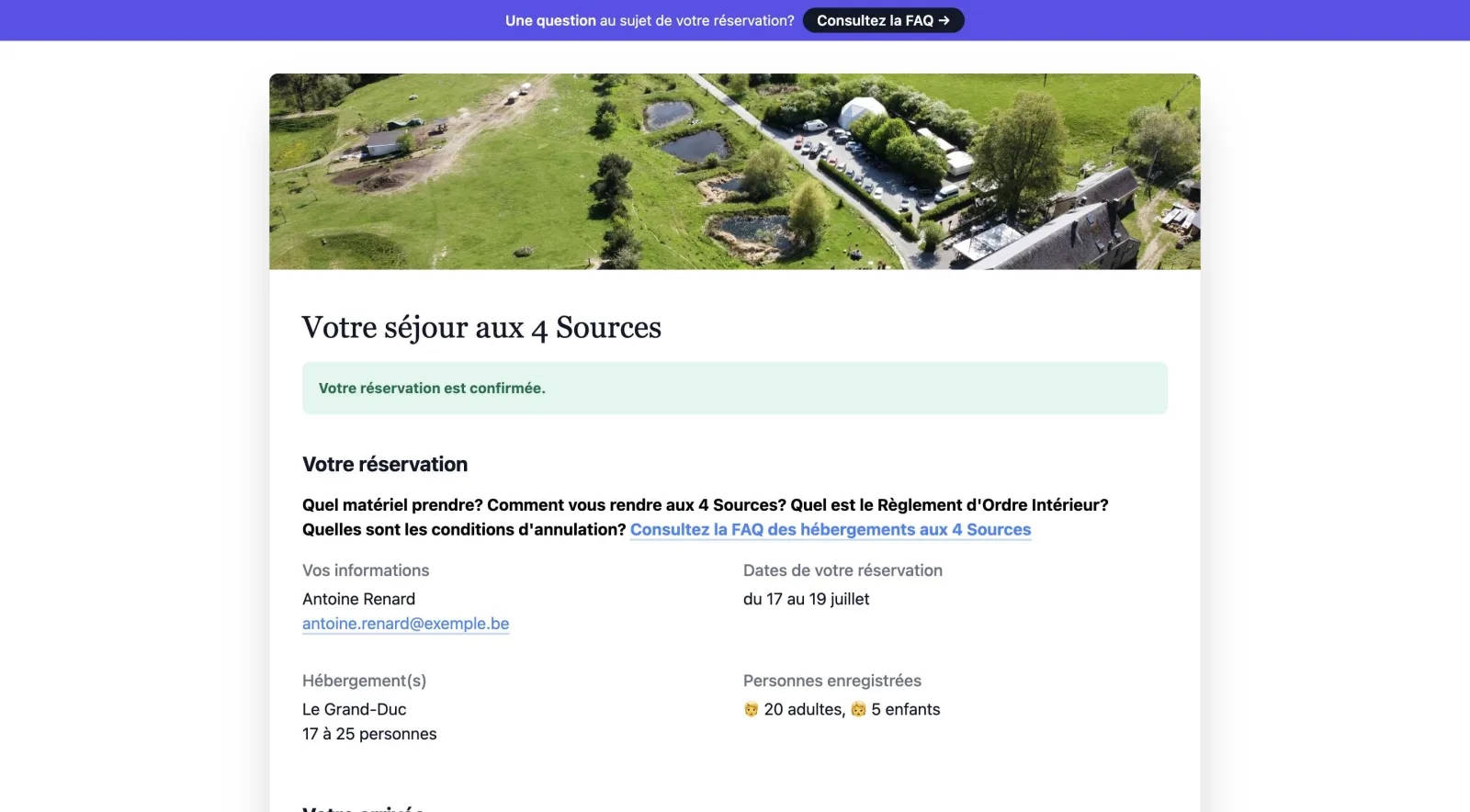 Page publique d'une réservation d'hébergement, accessible par lien secret