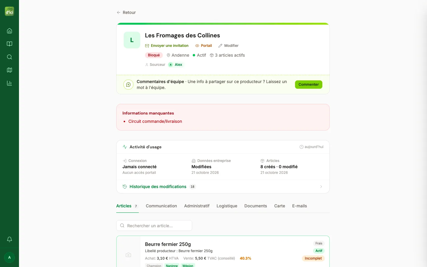 Fiche d'un producteur fictif dans la plateforme d'ici