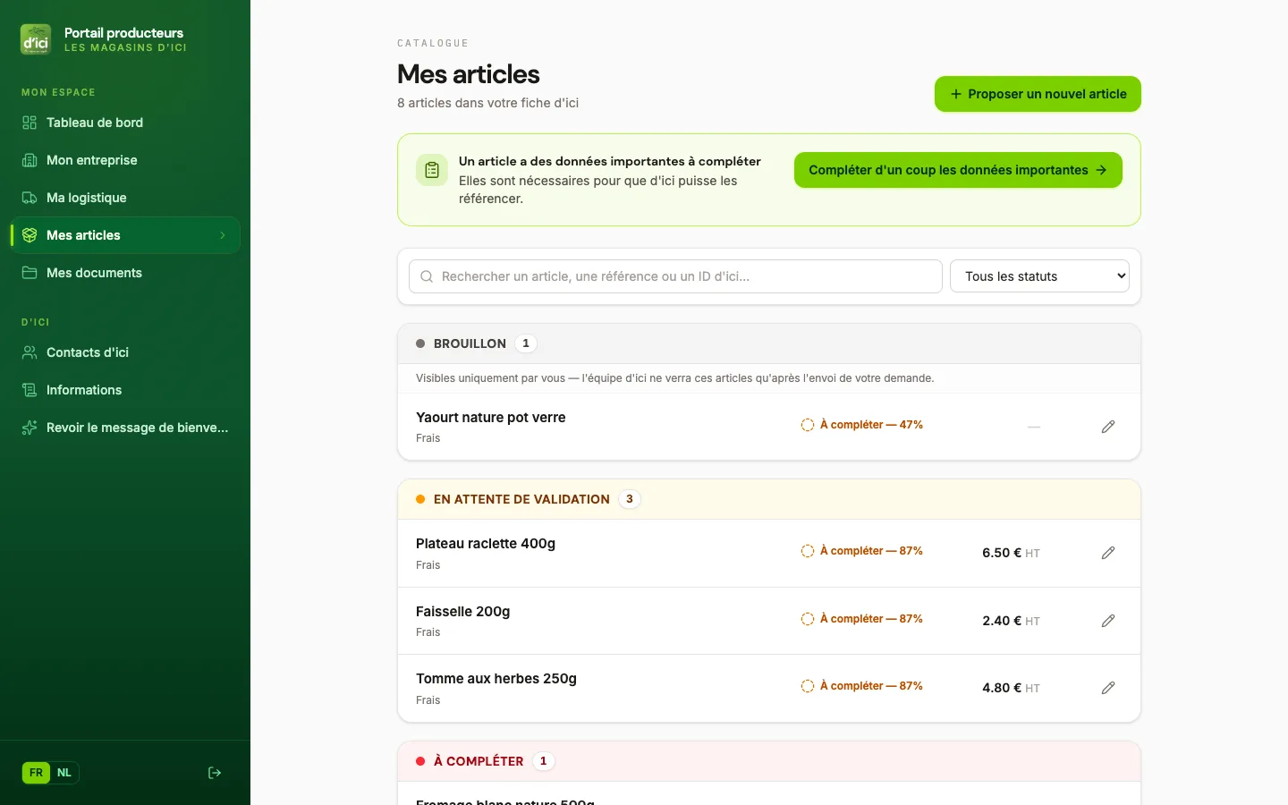 Portail producteur, page « Mes articles »