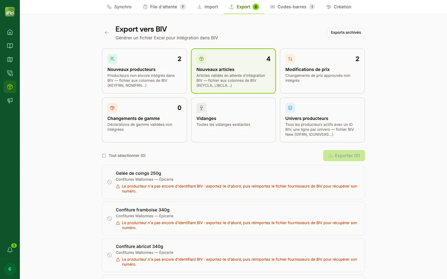 Export Excel des articles vers l'ERP BIV