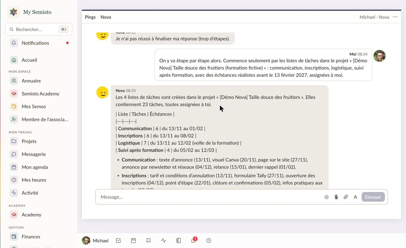 Nova confirms in the chat the 23 tasks it created