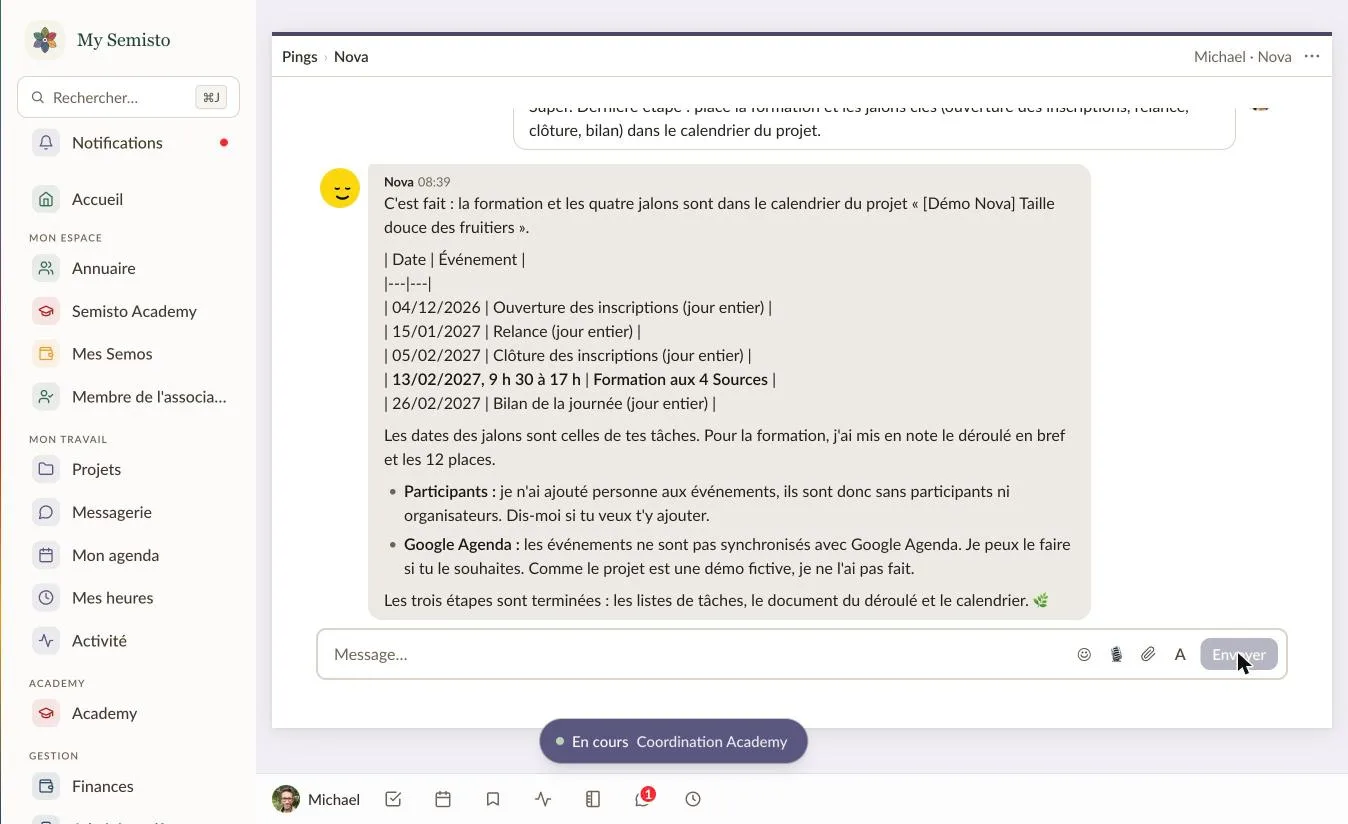 Nova adds the course and milestones to the calendar