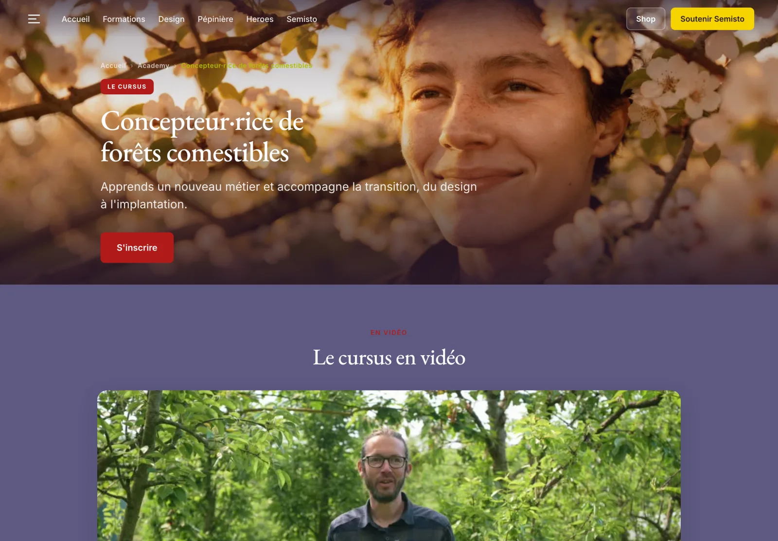 Page du cursus « Concepteur·rice de forêts comestibles » avec vidéo