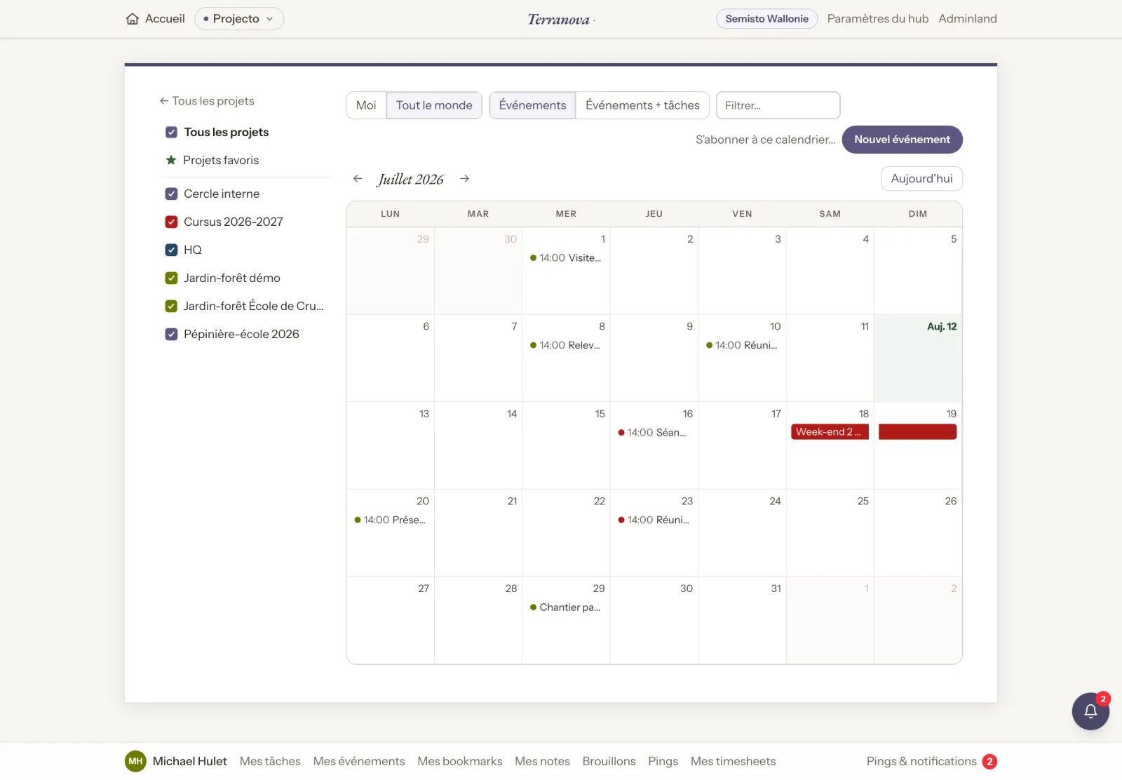 Hub calendar with events from all projects, filterable
