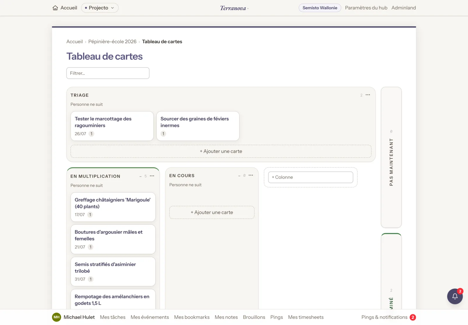 Kanban card table of the nursery with propagation columns