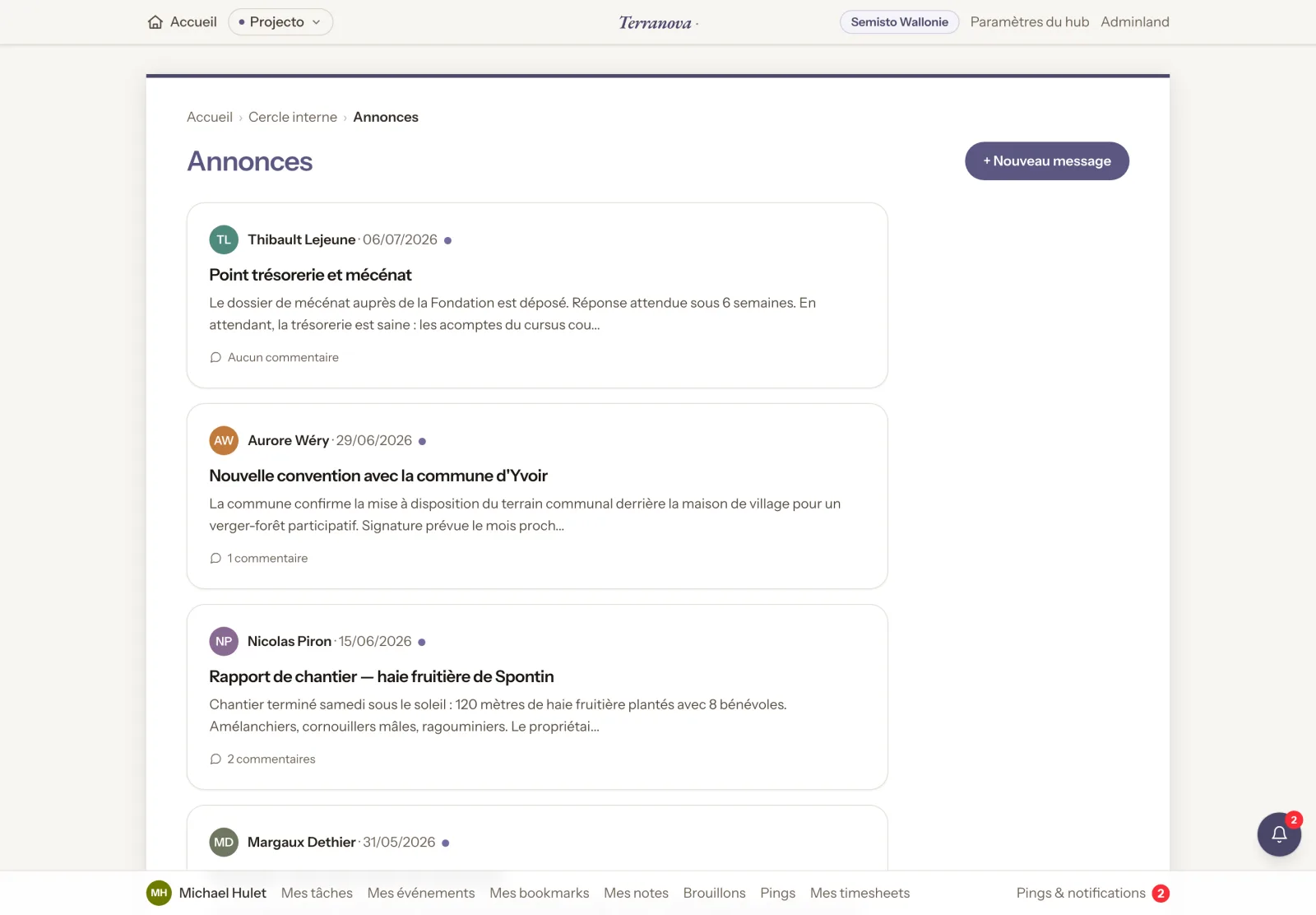 Message board with posts, authors and comments
