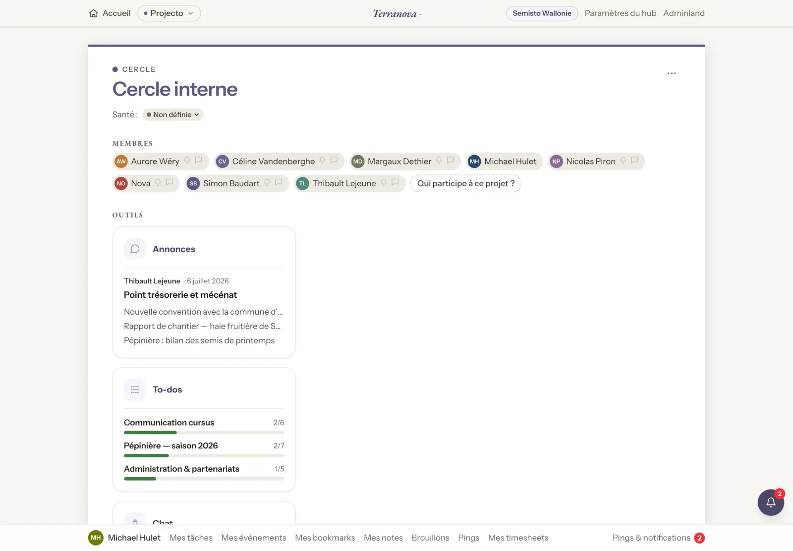 A project page with its members and tools: announcements, to-dos, chat