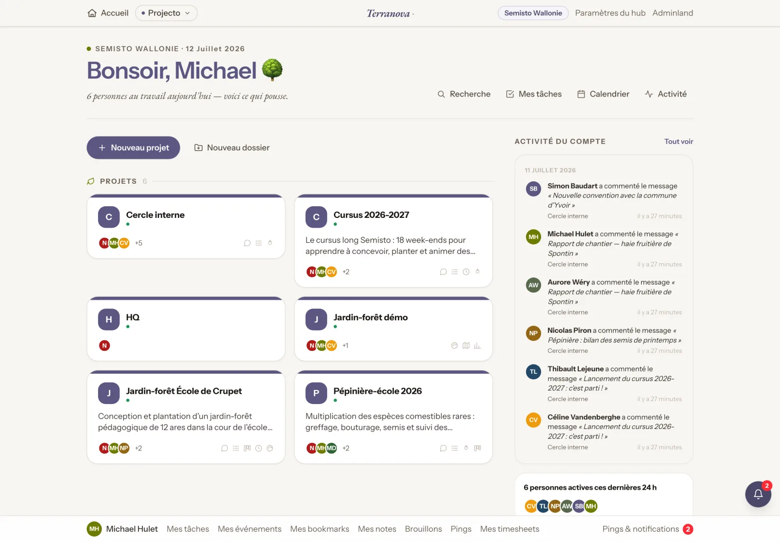 A Terranova hub home: projects, account activity and active members