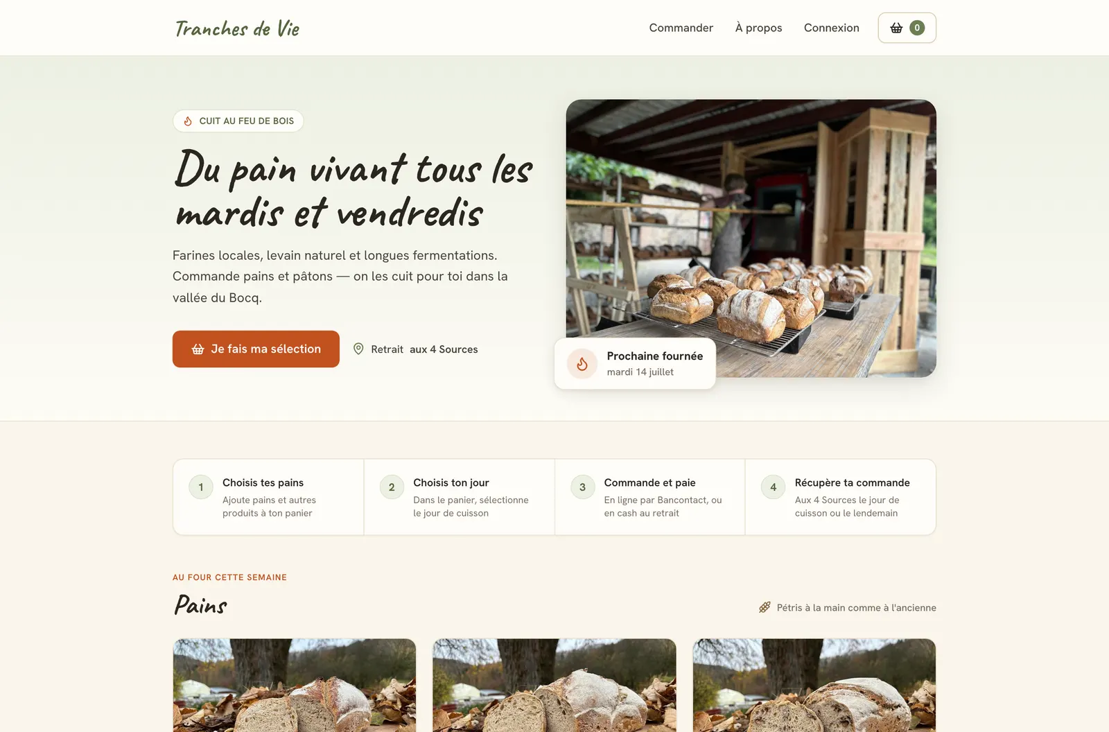 Tranches de Vie homepage — wood-fired breads and the next bake day