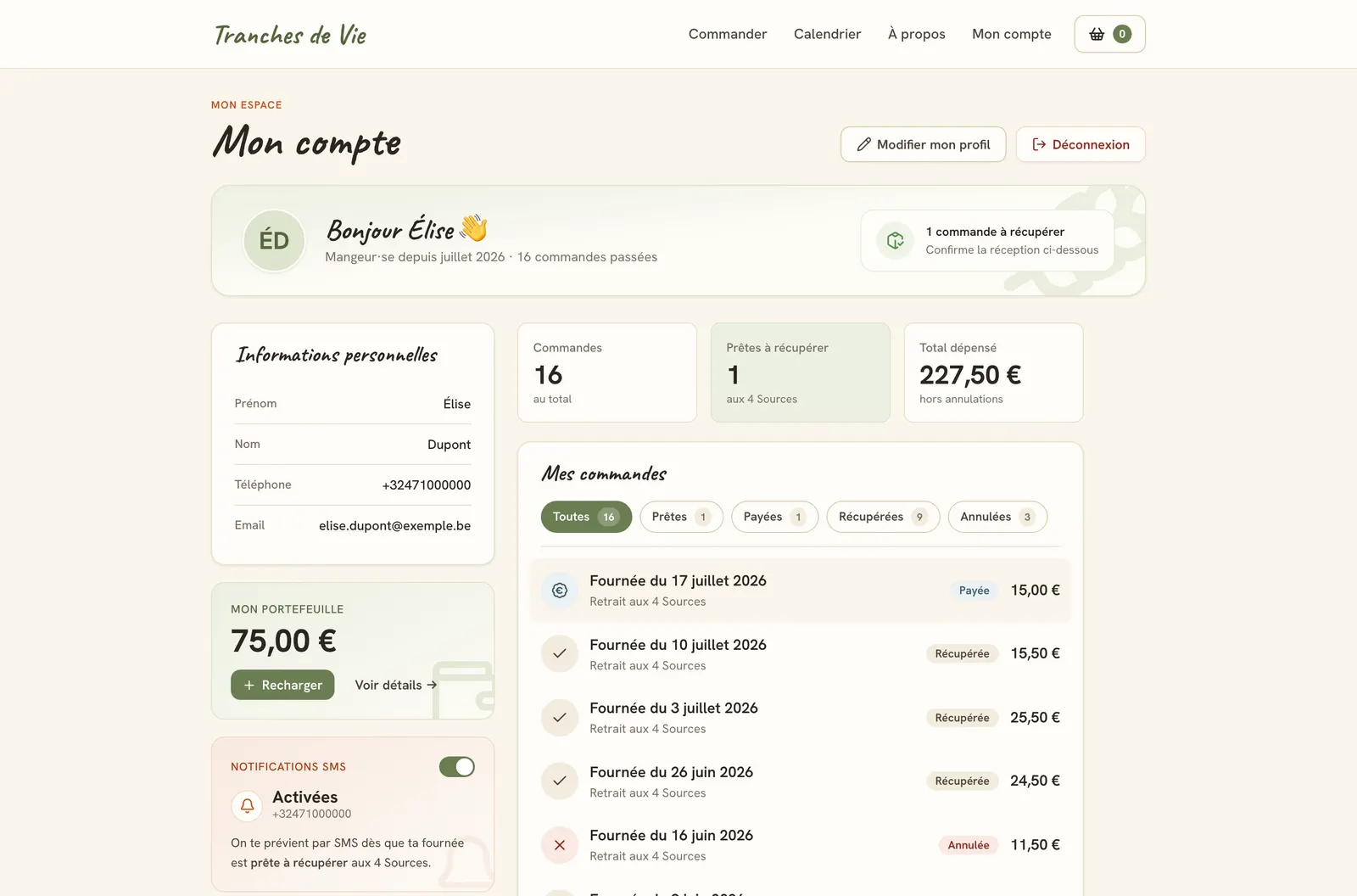 Customer account page: orders, wallet and stats