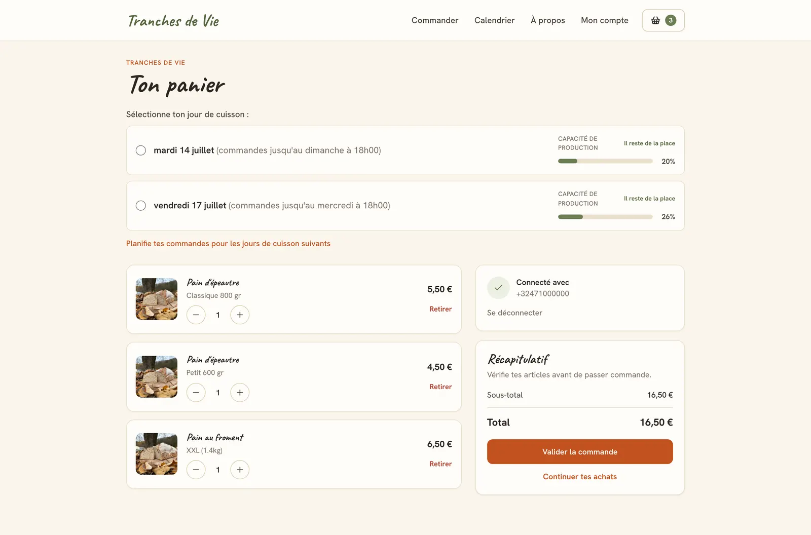 Basket with bake-day selection and production capacity gauges