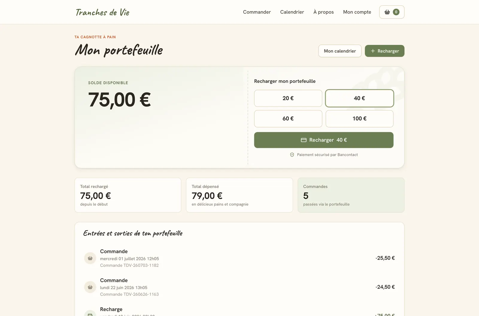 Wallet page: balance, Bancontact top-up and transaction history